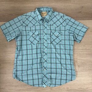 Wrangler Western Shirt Mens XL Blue Plaid Pearl Snap Short Sleeve Cotton Blend
